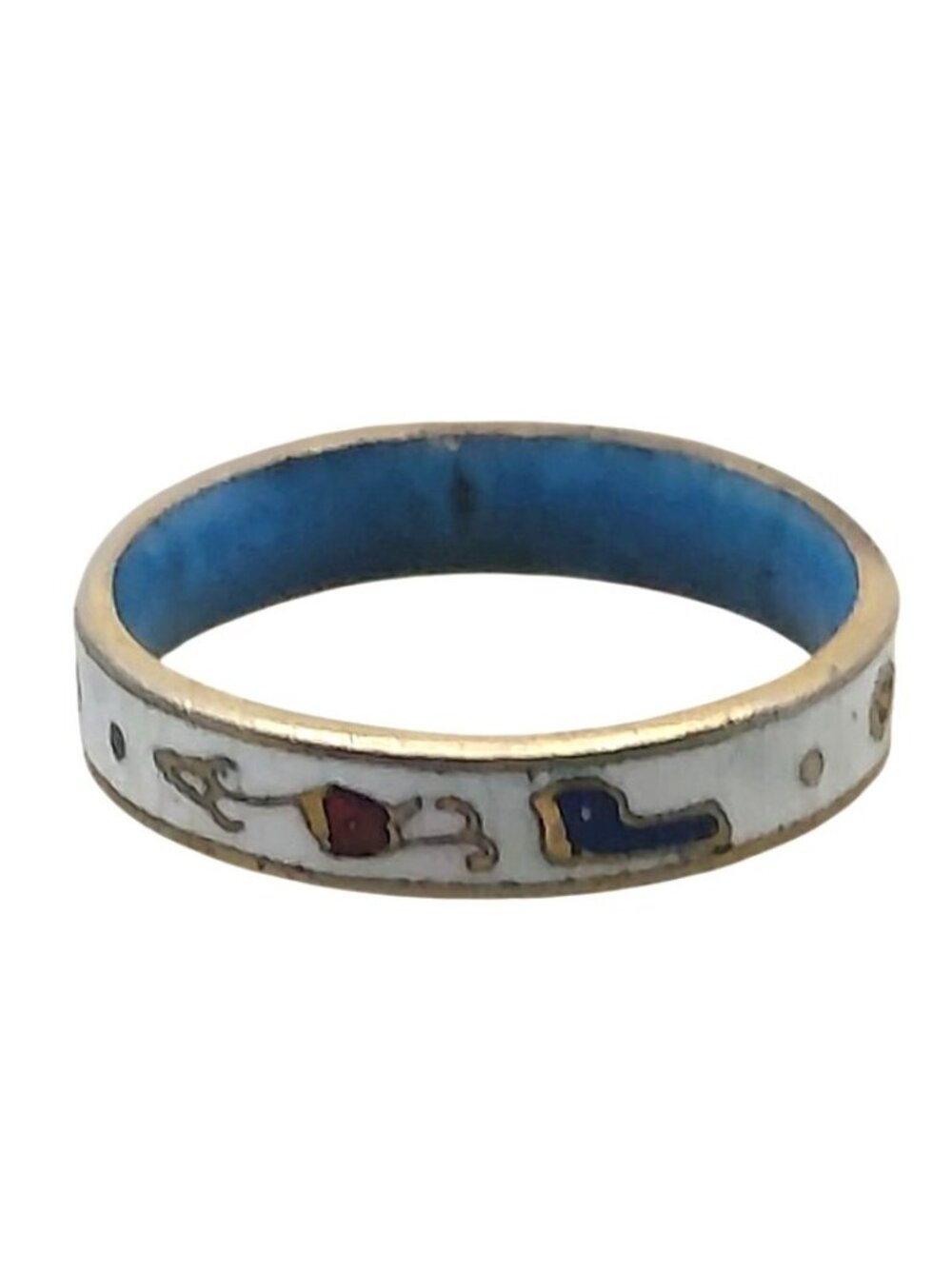 Vintage Cloisonné White Enamel Geometric Design Brass Band Ring Size 6